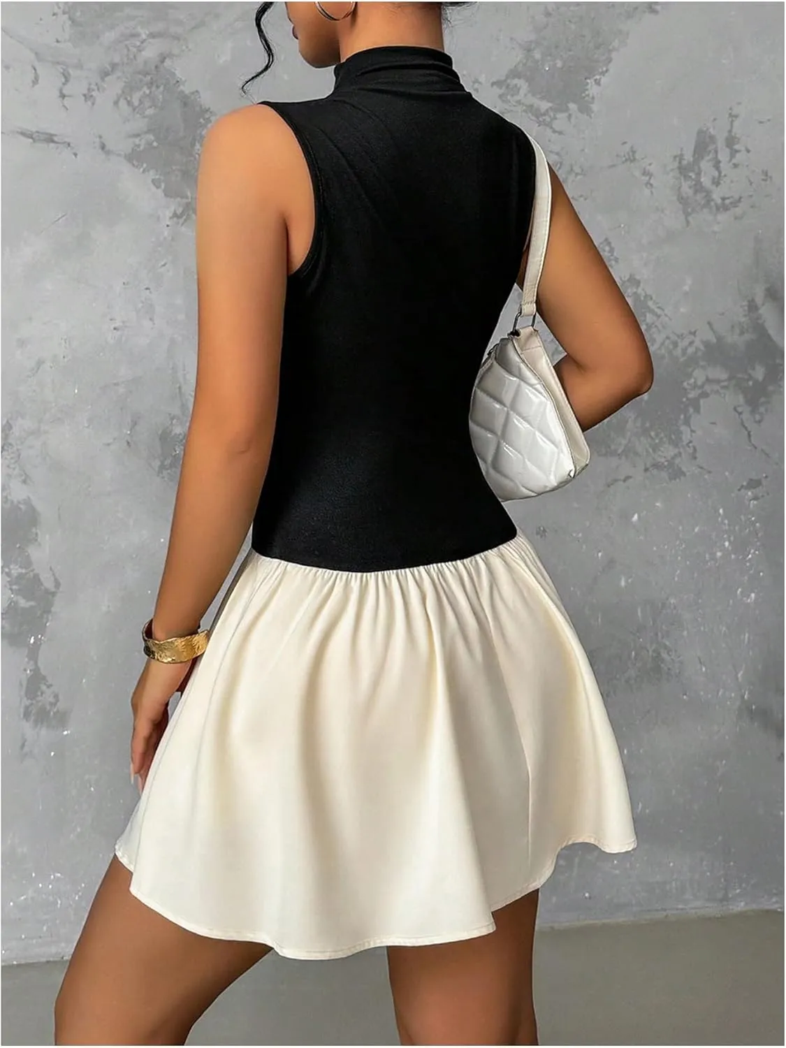 MakeMeChic Women's Color Block Mock Neck Mini Dress Sleeveless Flared Hem Ruffle Short Dresses