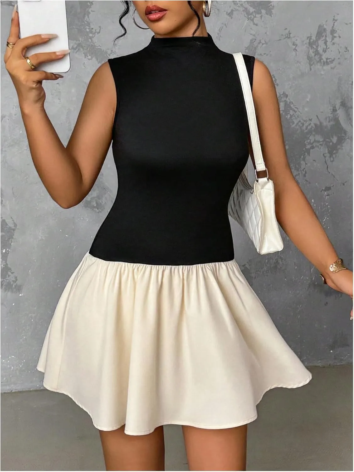 MakeMeChic Women's Color Block Mock Neck Mini Dress Sleeveless Flared Hem Ruffle Short Dresses