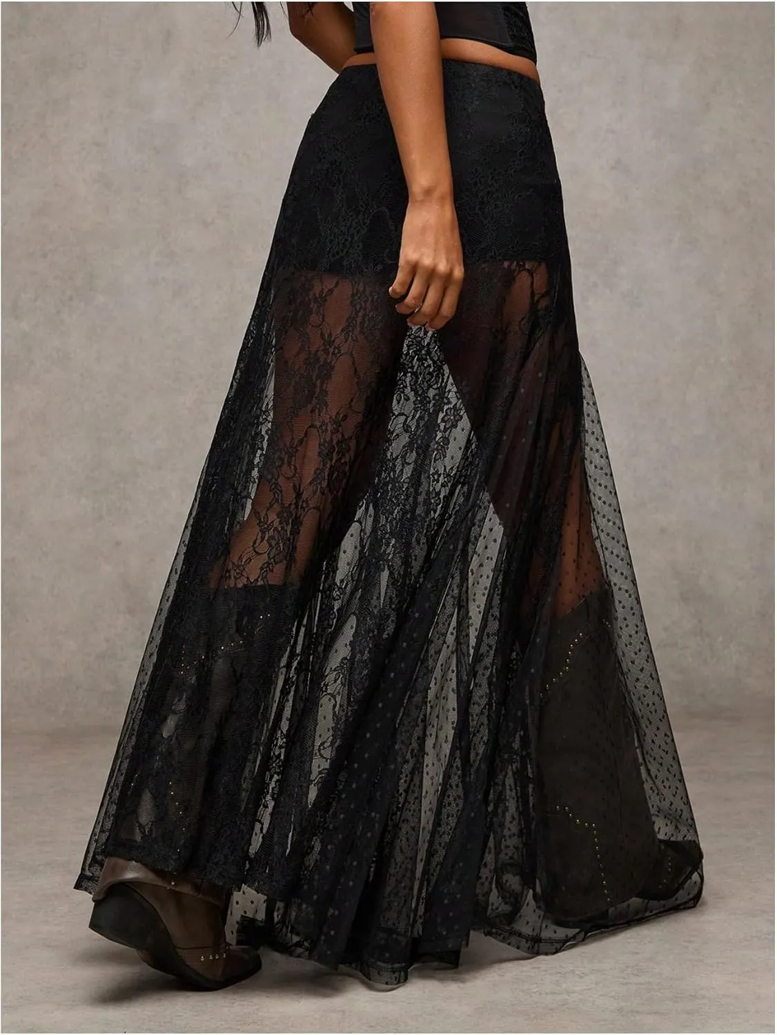 MakeMeChic Women's Floral Lace Sheer Split Thigh A Line Ruffle Summer Maxi Skirts
