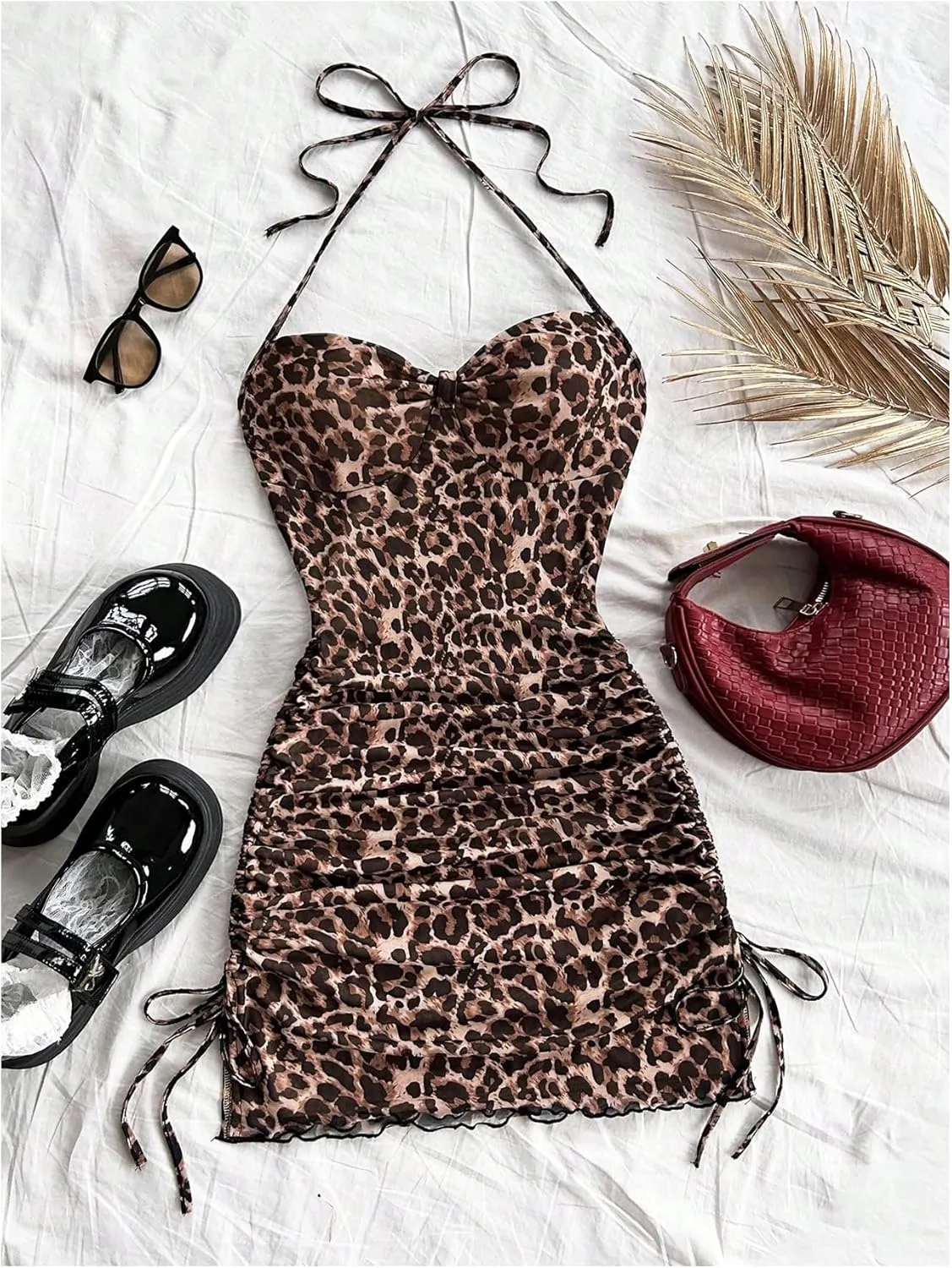 MakeMeChic Women's Leopard Print Ruched Halter Tie Back Lettuce Trim Bodycon Mini Dress