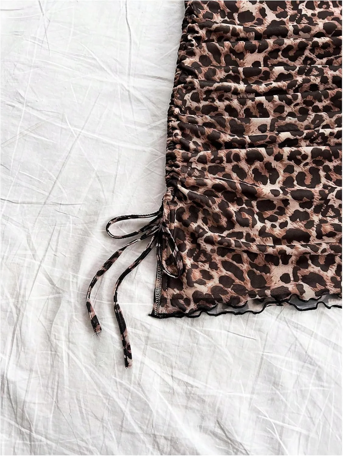 MakeMeChic Women's Leopard Print Ruched Halter Tie Back Lettuce Trim Bodycon Mini Dress