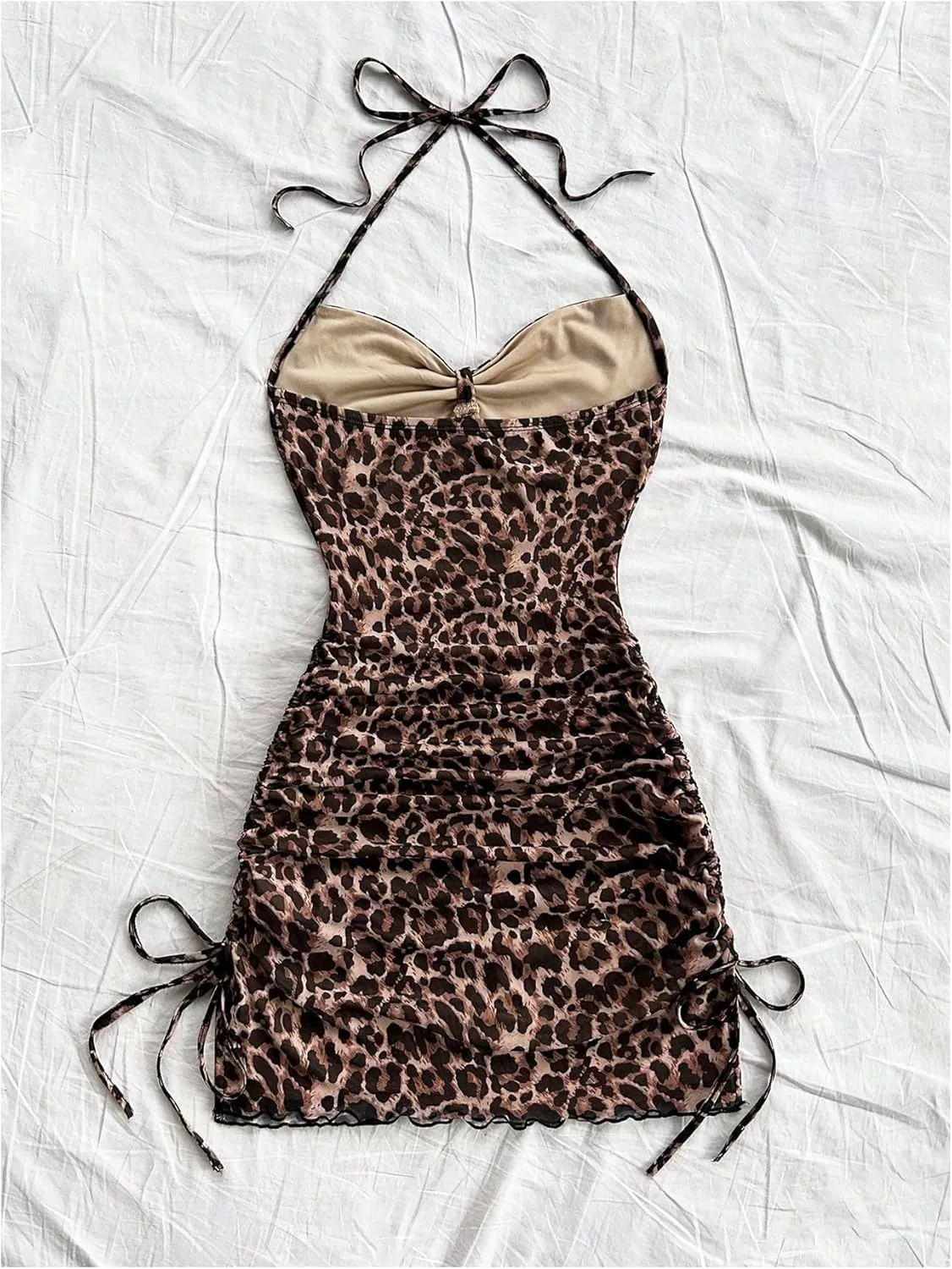MakeMeChic Women's Leopard Print Ruched Halter Tie Back Lettuce Trim Bodycon Mini Dress