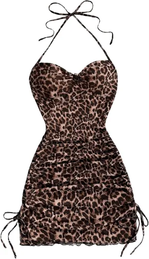 MakeMeChic Women's Leopard Print Ruched Halter Tie Back Lettuce Trim Bodycon Mini Dress