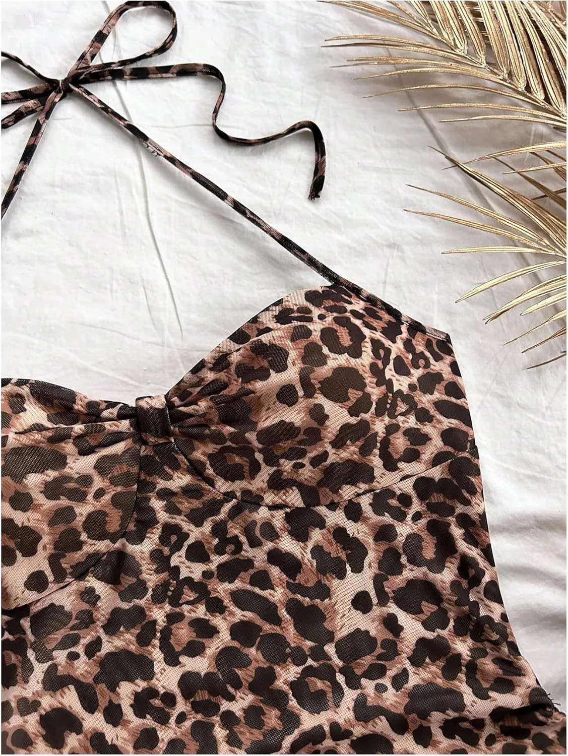 MakeMeChic Women's Leopard Print Ruched Halter Tie Back Lettuce Trim Bodycon Mini Dress