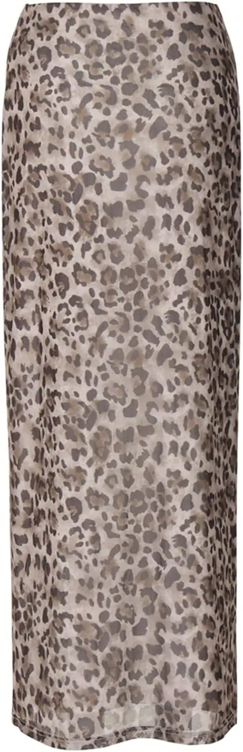 MakeMeChic Women's Leopard Print Ruched Long Skirt Straight Hem Y2K Summer Skirts