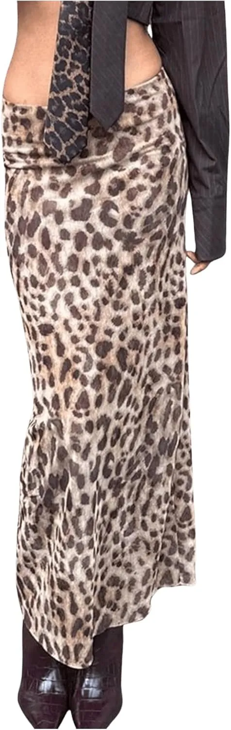 MakeMeChic Women's Leopard Print Ruched Long Skirt Straight Hem Y2K Summer Skirts