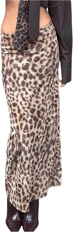 MakeMeChic Women's Leopard Print Ruched Long Skirt Straight Hem Y2K Summer Skirts