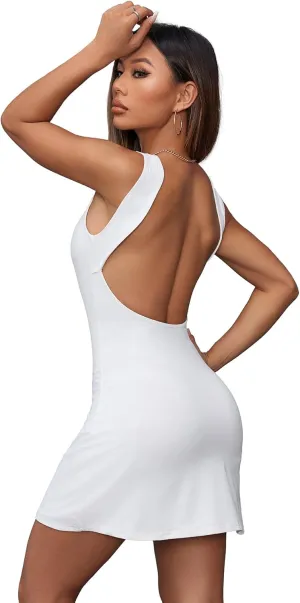 MakeMeChic Women's Open Back Y2K Club Party Mini Dress Sleeveless Ruffle Hem Bodycon Short Dresses