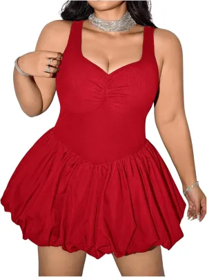 MakeMeChic Women's Plus Size Sleeveless Bubble Dress Ruched Rib Knitted A Line Mini Dresses
