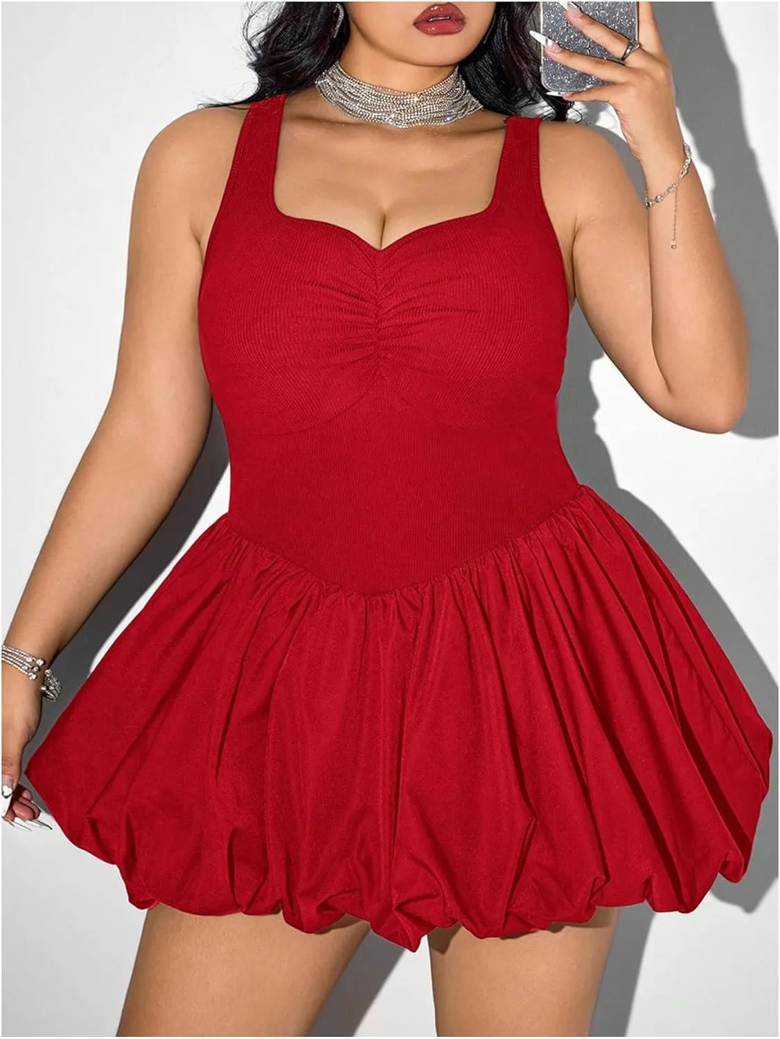 MakeMeChic Women's Plus Size Sleeveless Bubble Dress Ruched Rib Knitted A Line Mini Dresses