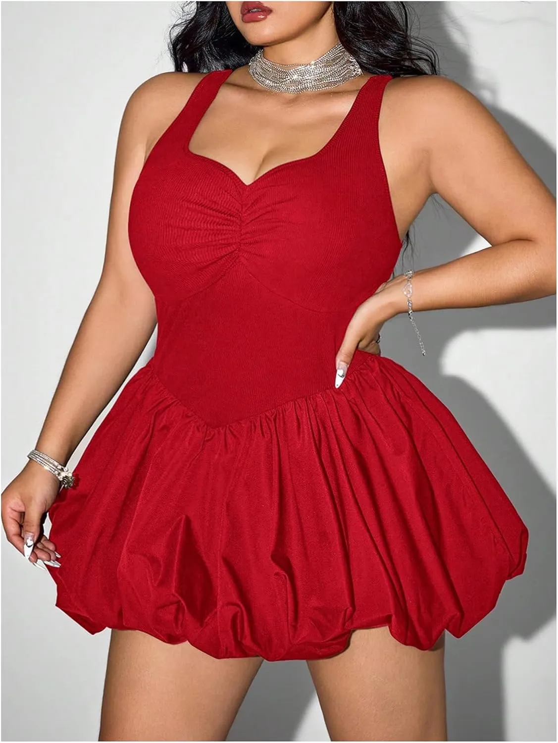 MakeMeChic Women's Plus Size Sleeveless Bubble Dress Ruched Rib Knitted A Line Mini Dresses