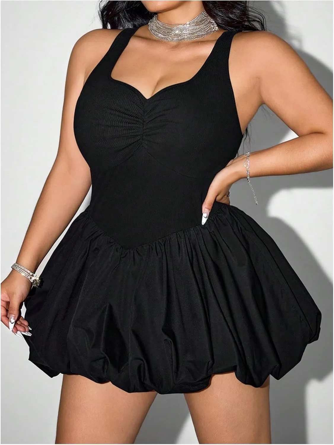 MakeMeChic Women's Plus Size Sleeveless Bubble Dress Ruched Rib Knitted A Line Mini Dresses