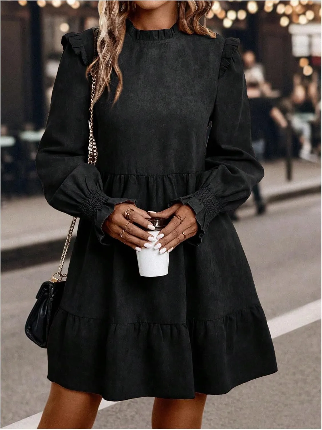 MakeMeChic Women's Ruffle Smock Dress Long Sleeve Mock Neck Shirred Frill Trim Short Dresses
