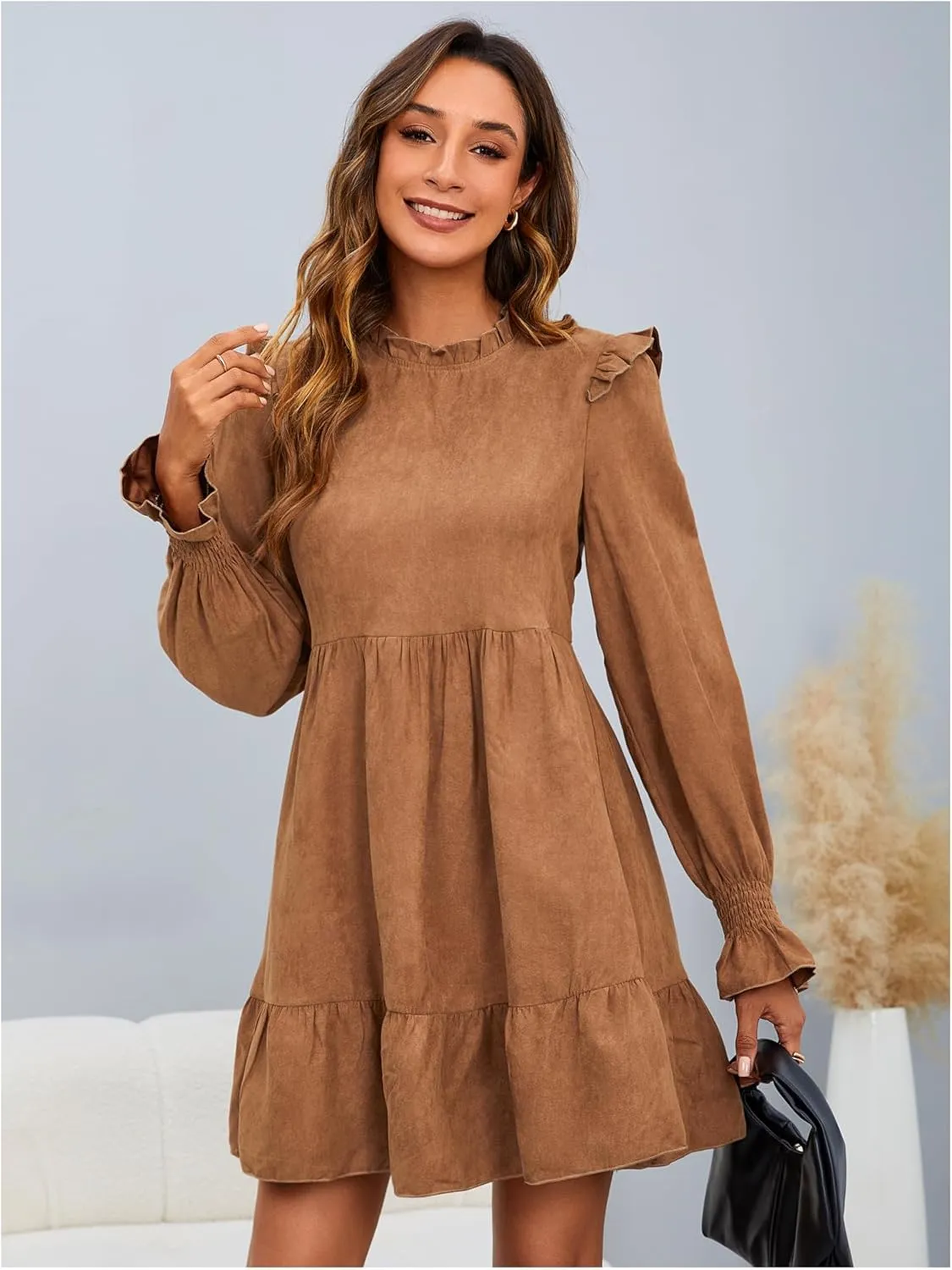 MakeMeChic Women's Ruffle Smock Dress Long Sleeve Mock Neck Shirred Frill Trim Short Dresses