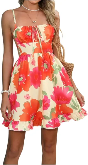 MakeMeChic Women's Summer Casual Cami Mini Dress Floral Shirred Waist Ruffle Hem Spaghetti Strap Short Dresses