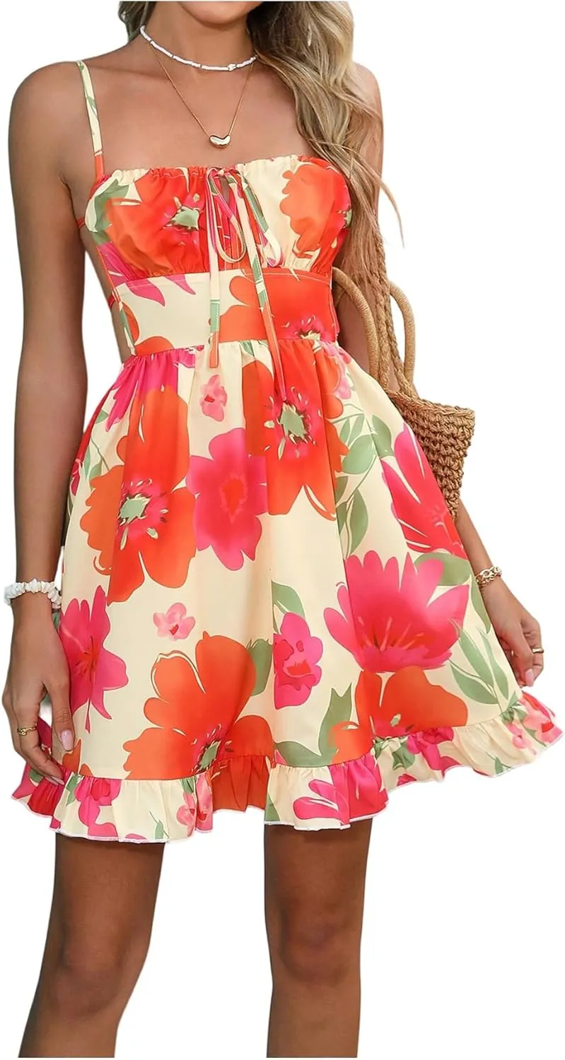 MakeMeChic Women's Summer Casual Cami Mini Dress Floral Shirred Waist Ruffle Hem Spaghetti Strap Short Dresses
