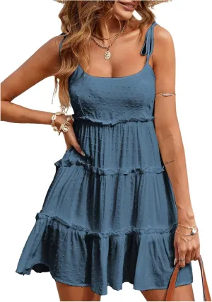 MakeMeChic Women's Swiss Dots Tie Shoulder Cami Dress Ruffle Hem Tiered Shirred Mini Dresses
