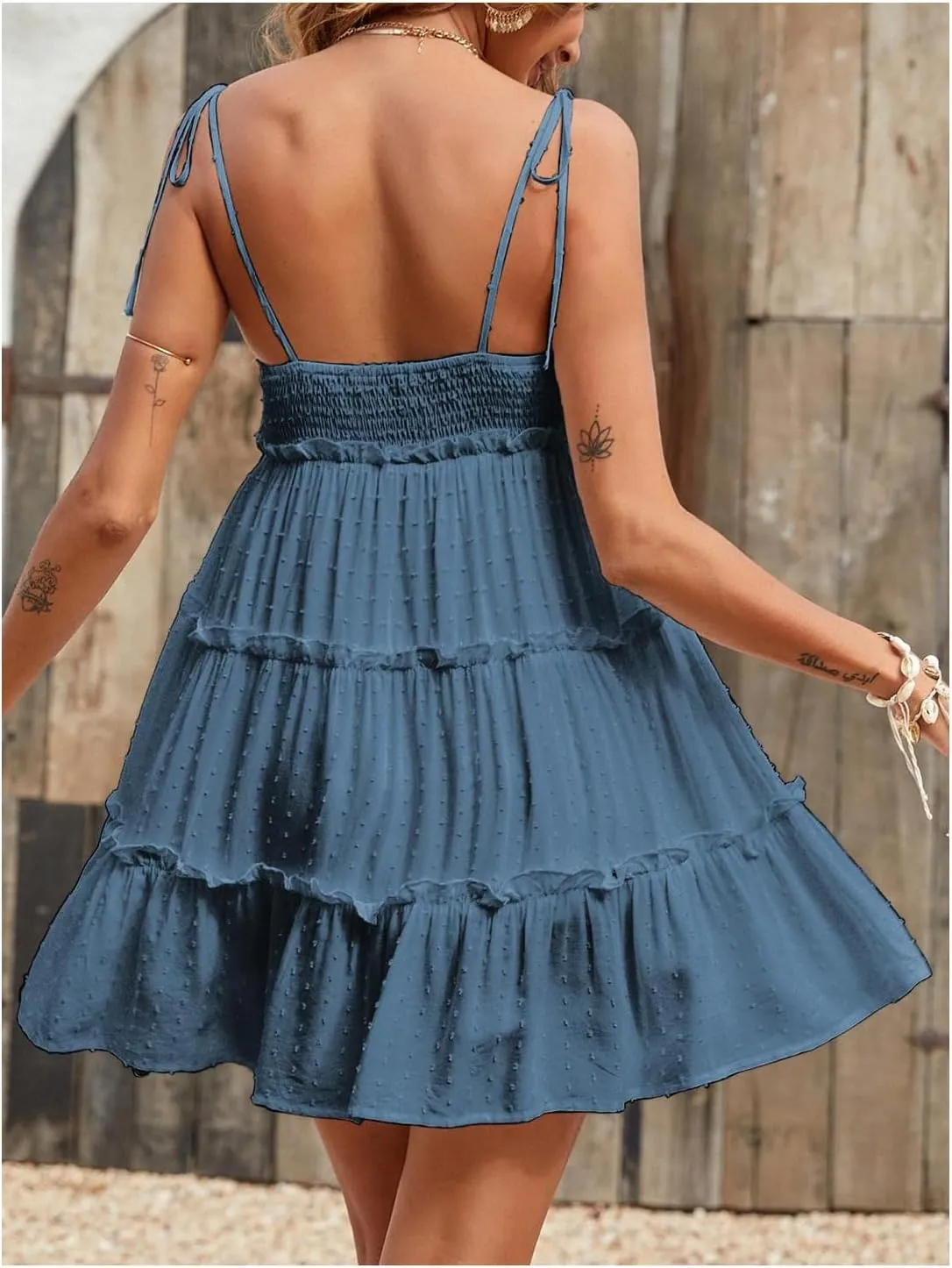 MakeMeChic Women's Swiss Dots Tie Shoulder Cami Dress Ruffle Hem Tiered Shirred Mini Dresses