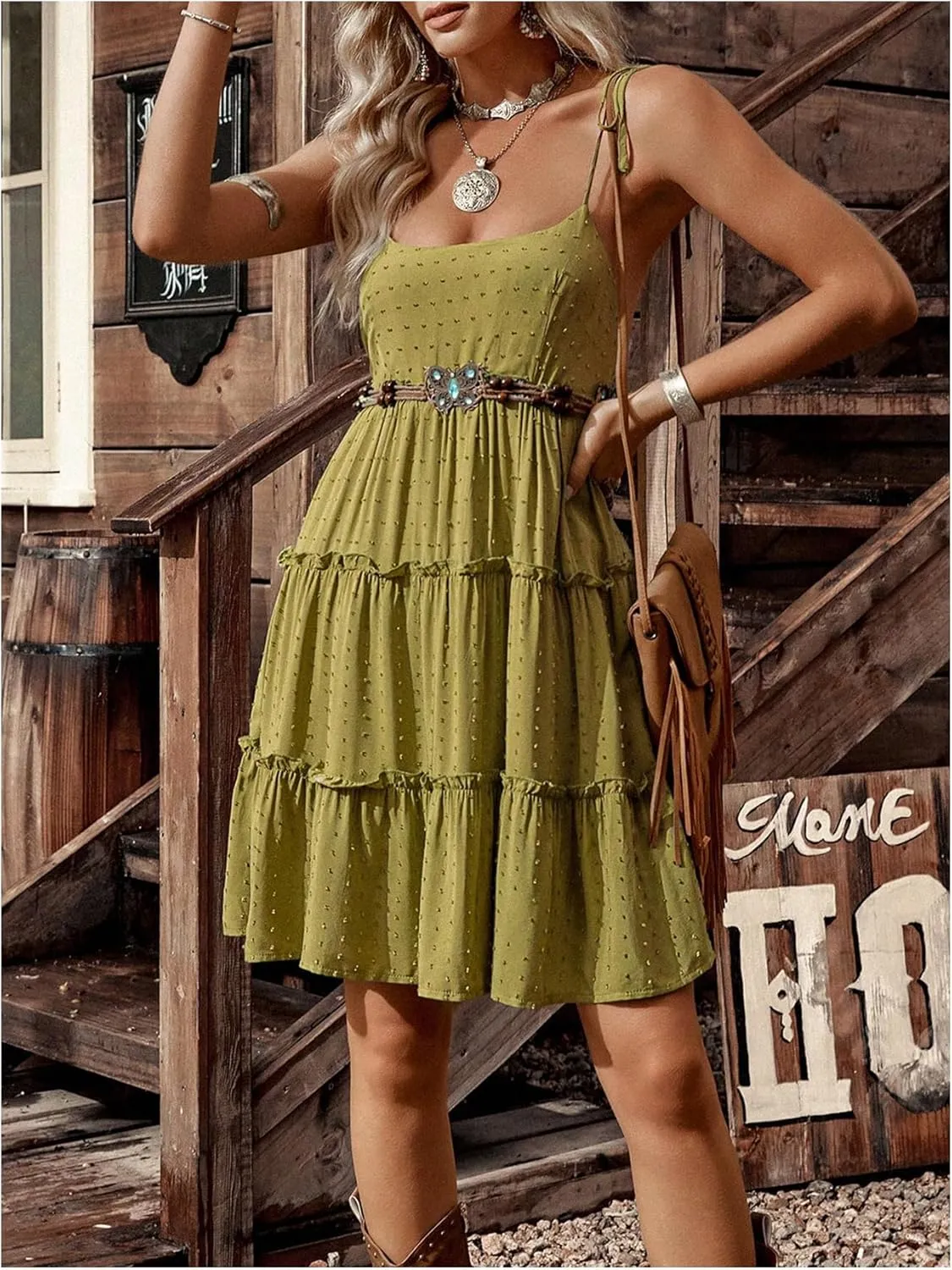 MakeMeChic Women's Swiss Dots Tie Shoulder Cami Dress Ruffle Hem Tiered Shirred Mini Dresses