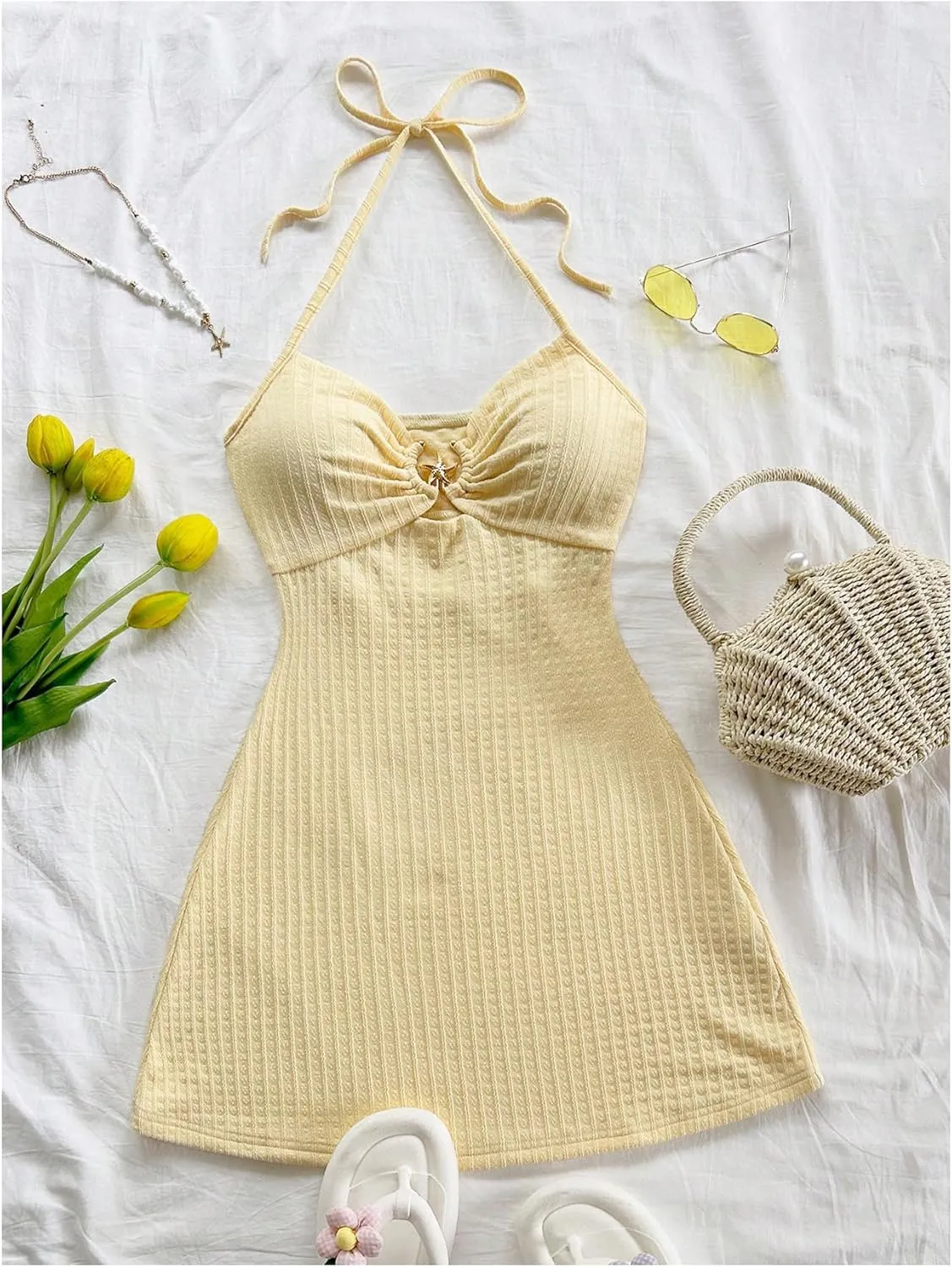 MakeMeChic Women's Textured Halter Dress Metal Starfish Backless Cut Out Summer Mini Dresses