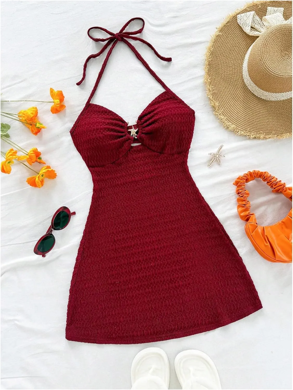 MakeMeChic Women's Textured Halter Dress Metal Starfish Backless Cut Out Summer Mini Dresses