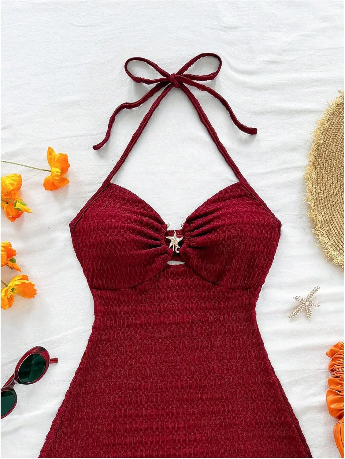 MakeMeChic Women's Textured Halter Dress Metal Starfish Backless Cut Out Summer Mini Dresses