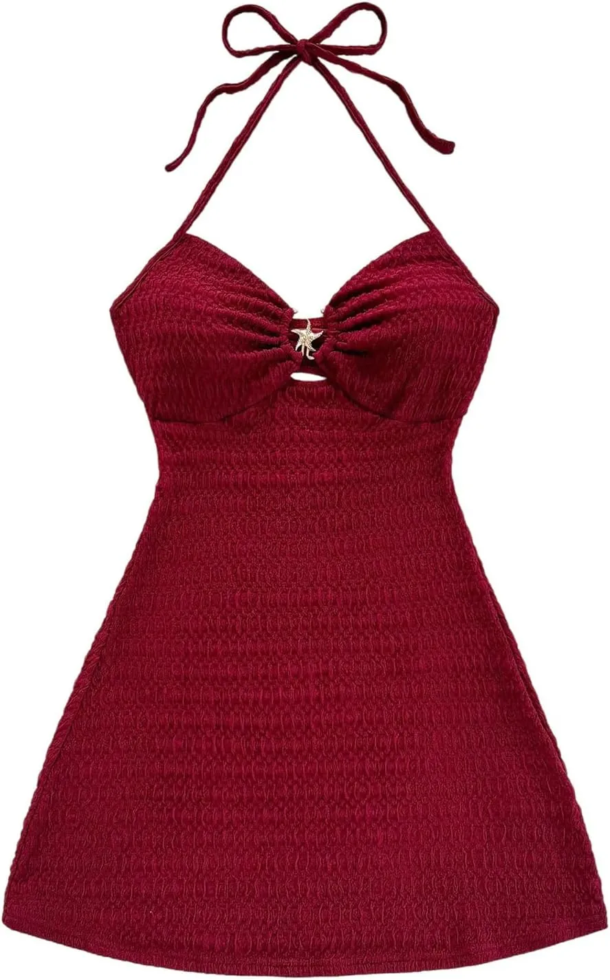 MakeMeChic Women's Textured Halter Dress Metal Starfish Backless Cut Out Summer Mini Dresses