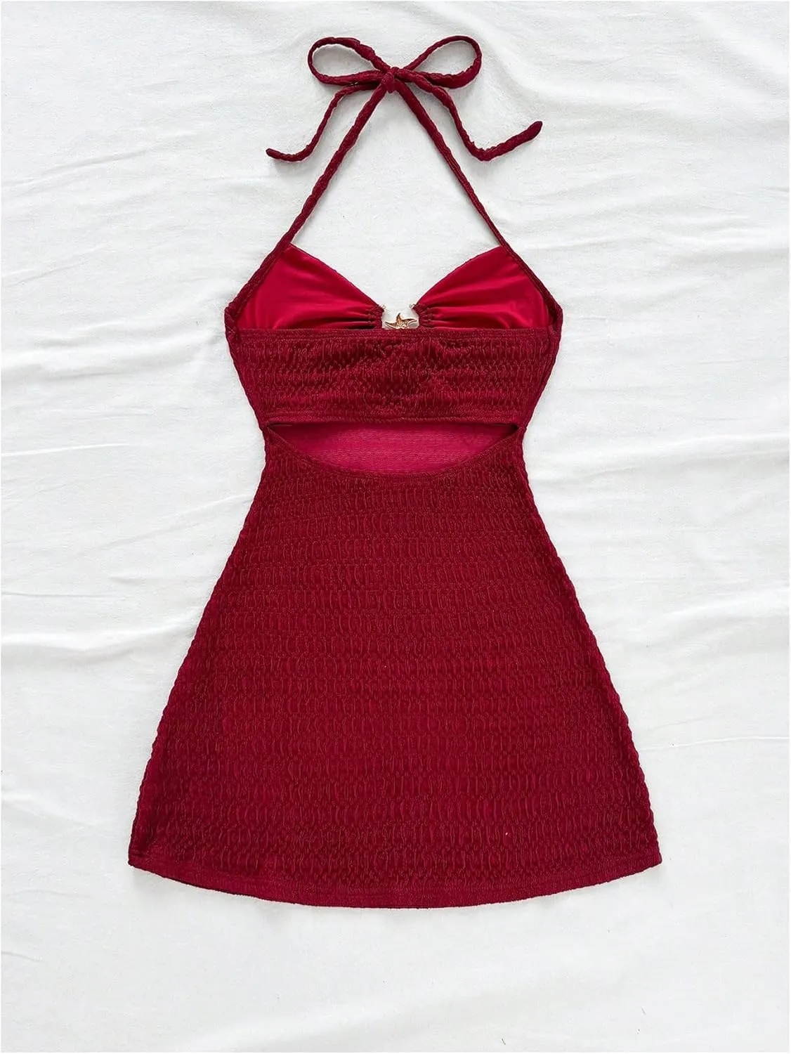 MakeMeChic Women's Textured Halter Dress Metal Starfish Backless Cut Out Summer Mini Dresses