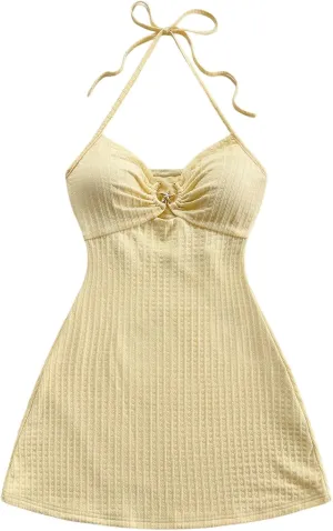 MakeMeChic Women's Textured Halter Dress Metal Starfish Backless Cut Out Summer Mini Dresses