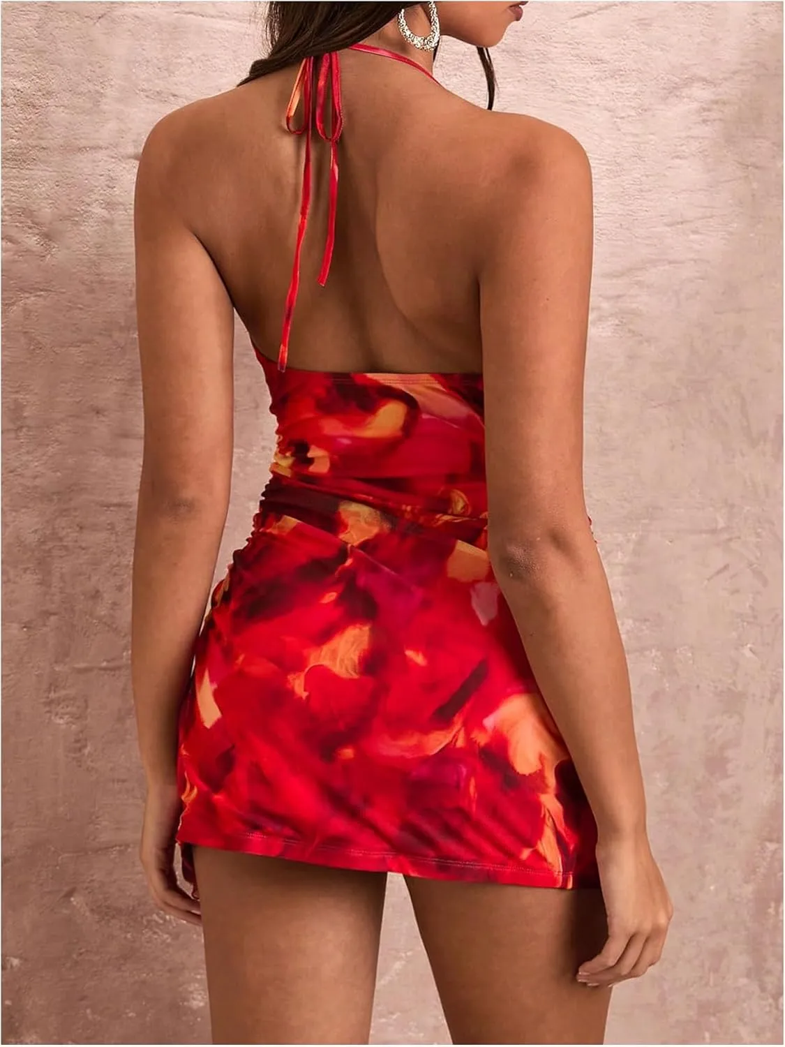 MakeMeChic Women's Tie Dye Ring Linked Draped Cut Out Halter Sleeveless Ruffle Mini Dress