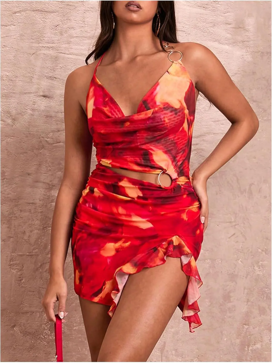 MakeMeChic Women's Tie Dye Ring Linked Draped Cut Out Halter Sleeveless Ruffle Mini Dress
