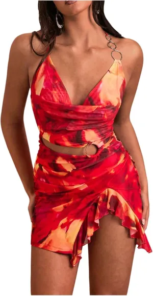 MakeMeChic Women's Tie Dye Ring Linked Draped Cut Out Halter Sleeveless Ruffle Mini Dress