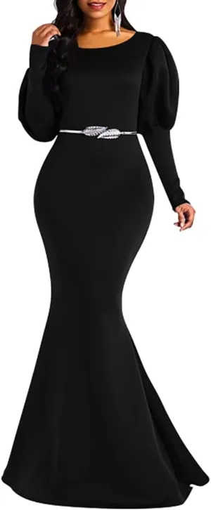 Memoriesea Women's Elegant Long Puff Sleeve Crew Neck Bodycon Mermaid Evening Gown Maxi Dress