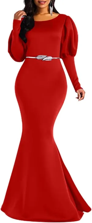 Memoriesea Women's Elegant Long Puff Sleeve Crew Neck Bodycon Mermaid Evening Gown Maxi Dress