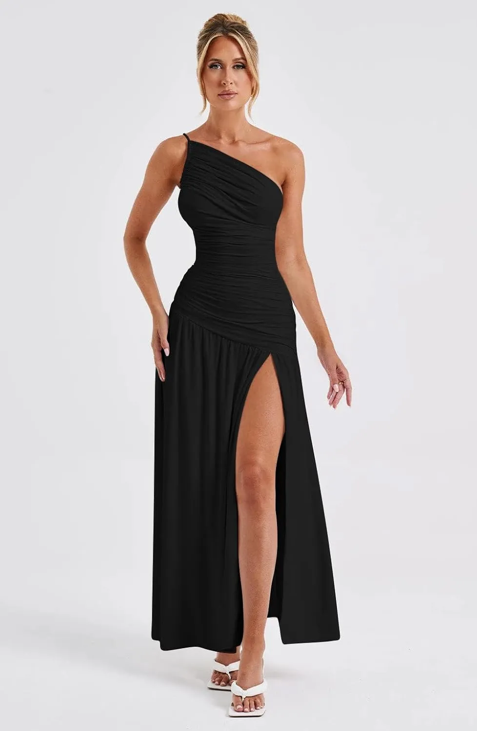 Memoriesea Women's Sexy One Shoulder High Split Ruched Cocktail Party Formal Maxi Dress