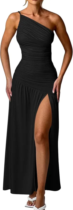Memoriesea Women's Sexy One Shoulder High Split Ruched Cocktail Party Formal Maxi Dress