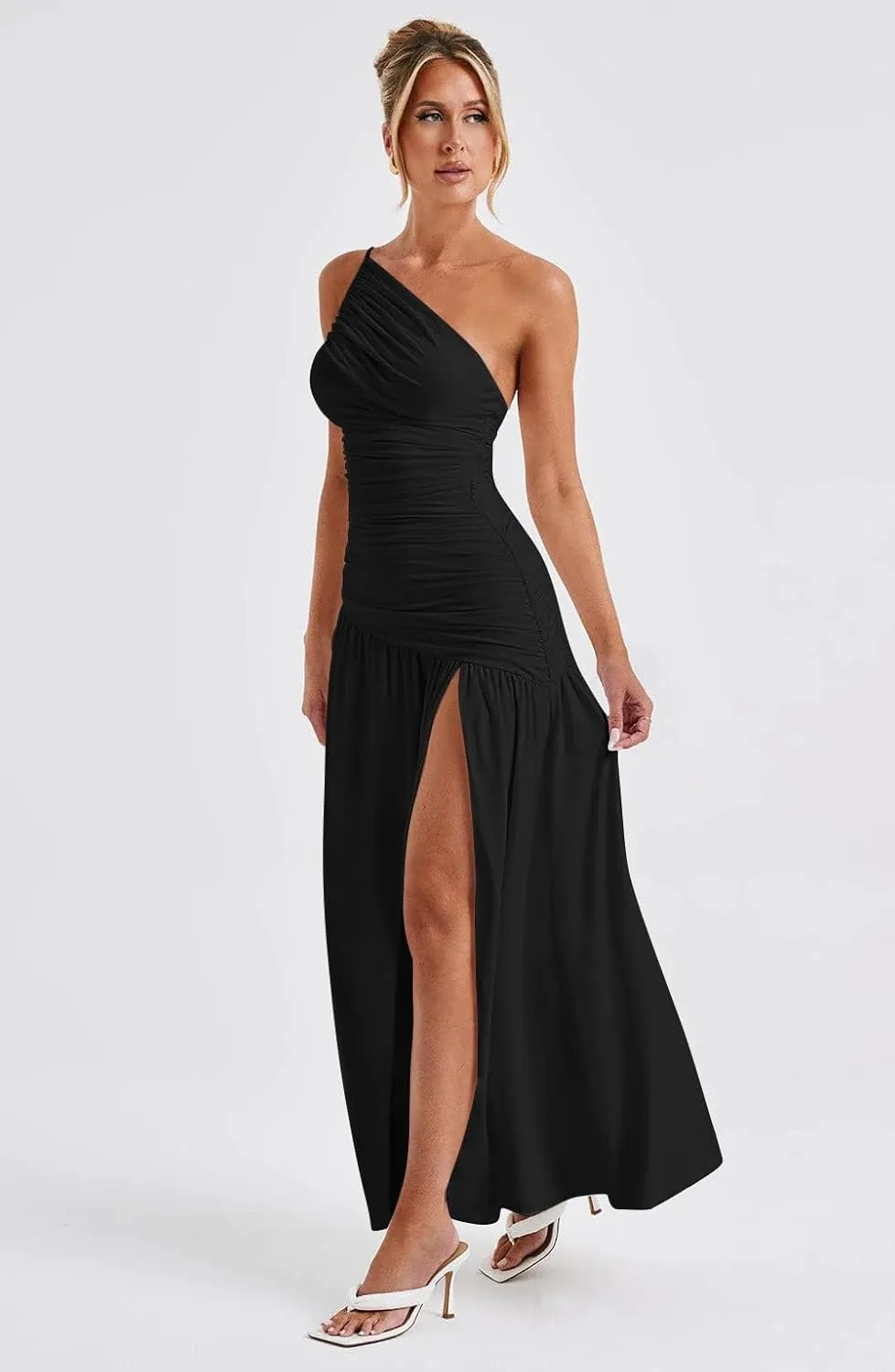 Memoriesea Women's Sexy One Shoulder High Split Ruched Cocktail Party Formal Maxi Dress