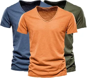 Men Casual Tops Fashion Solid Color Lightweight Slim Fitness V Neck Short Sleeved Cotton T Shirt Gifts for Man