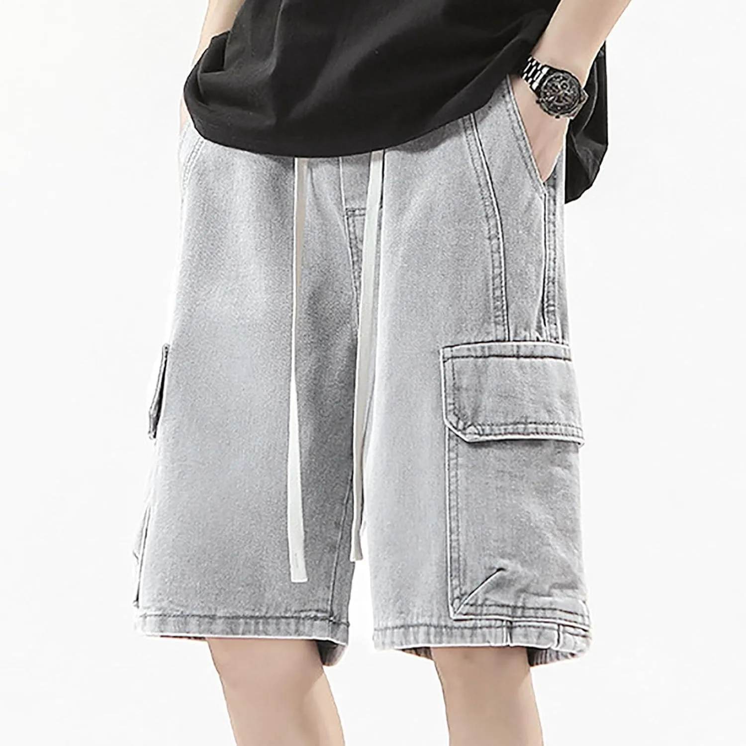 Men Loose Y2K Hip Hop Long Jean Shorts Baggy Denim Shorts with Pockets Casual Summer Streetwear