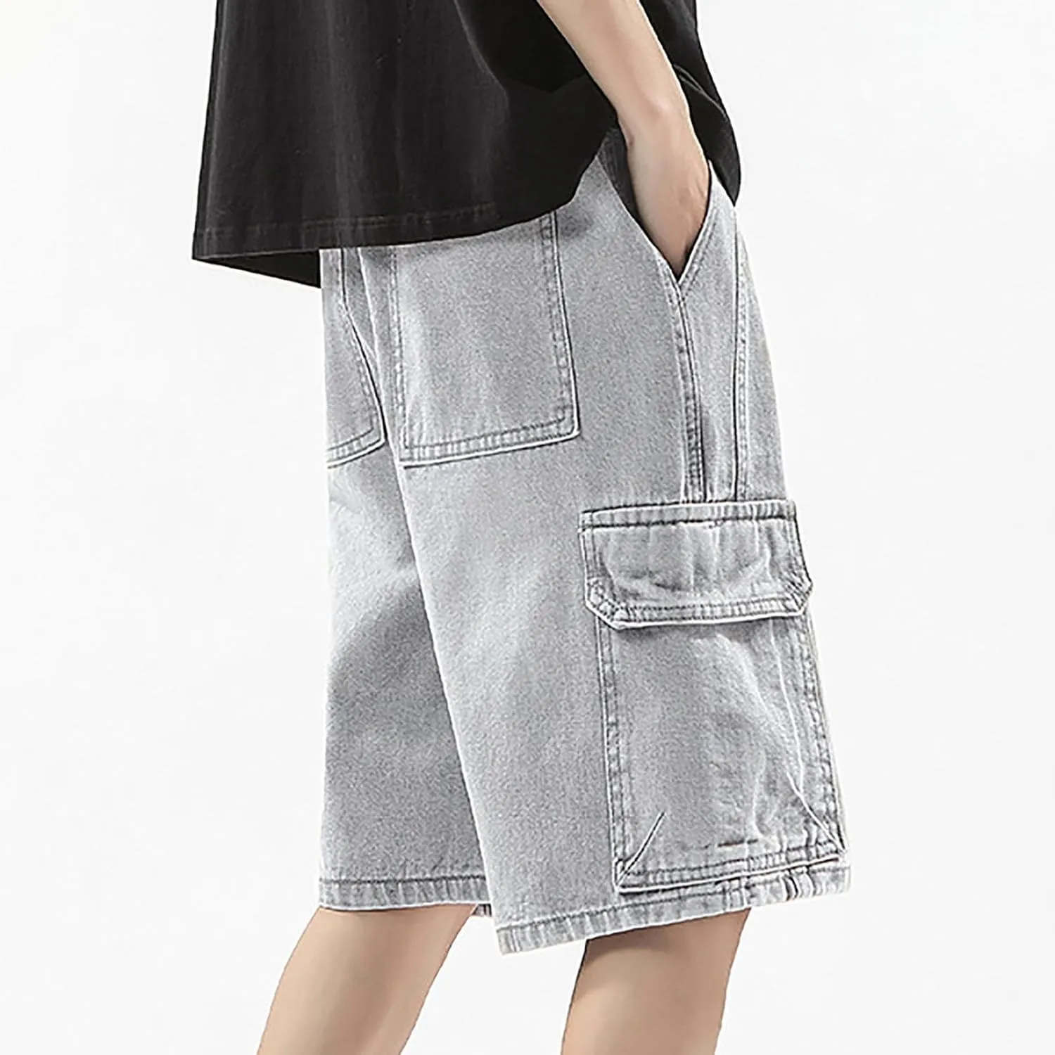 Men Loose Y2K Hip Hop Long Jean Shorts Baggy Denim Shorts with Pockets Casual Summer Streetwear