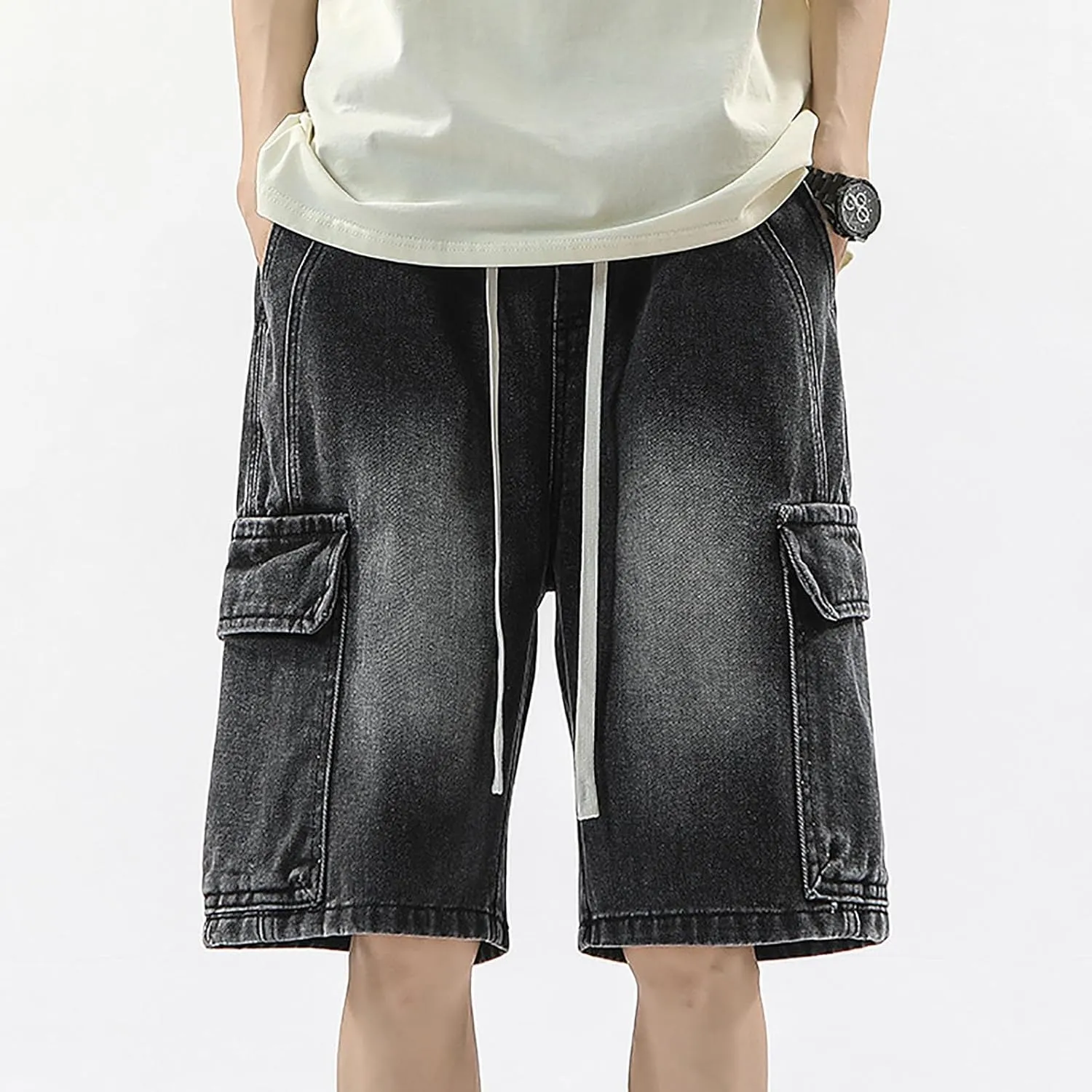 Men's Loose Y2K Hip Hop Mid Jean Shorts Work Denim Shorts with Pockets Casual Summer Streetwear Clothes