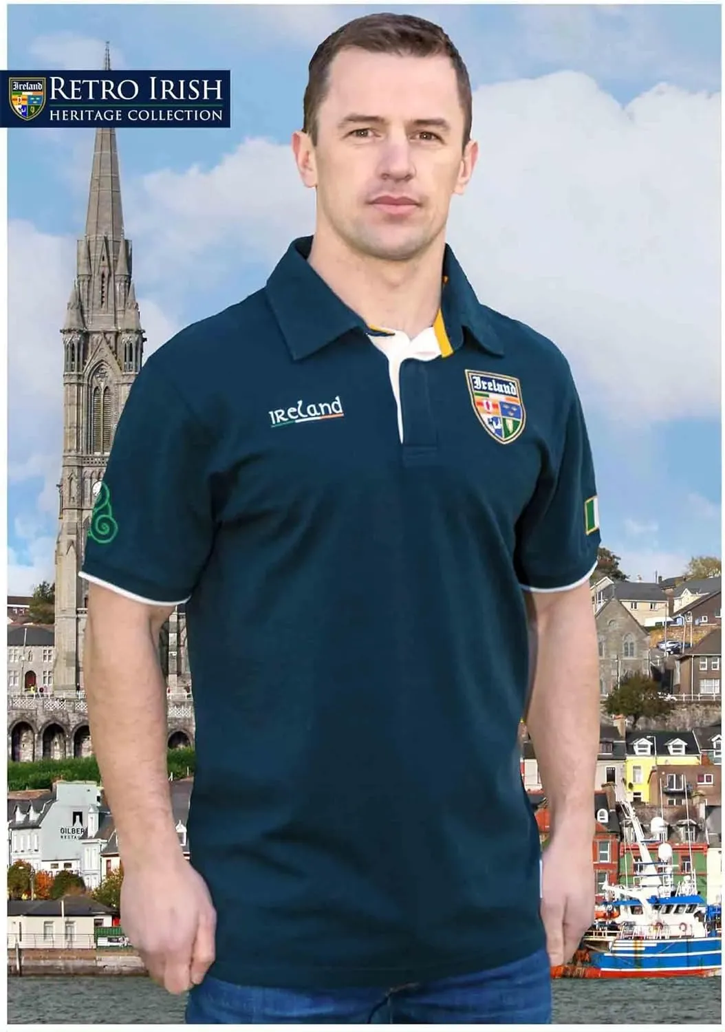 Men's Polo Shirts Embroidered Crest, Adjustable Button Closure, 100% Cotton, Made in Ireland