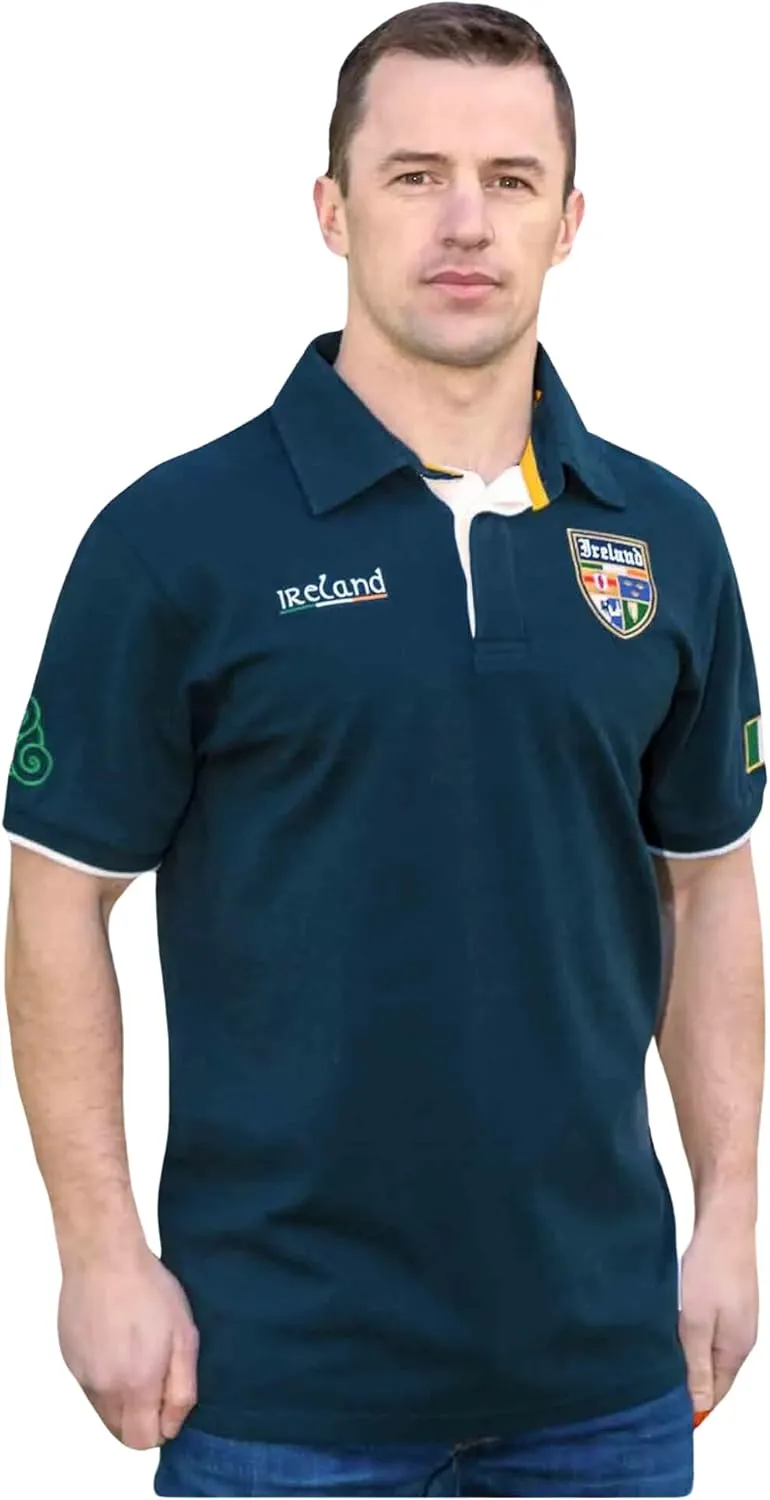 Men's Polo Shirts Embroidered Crest, Adjustable Button Closure, 100% Cotton, Made in Ireland