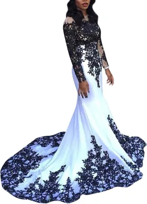 Mermaid Lace Prom Dresses 2025 Long Sleeve Wedding Dress Applique Satin Formal Evening Gowns