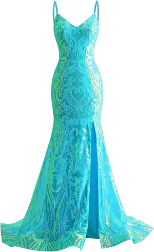 Mermaid Sequin Prom Dresses Long Sparkly Spaghetti Straps Formal Gowns with Slit V Neck Evening Dress for Women