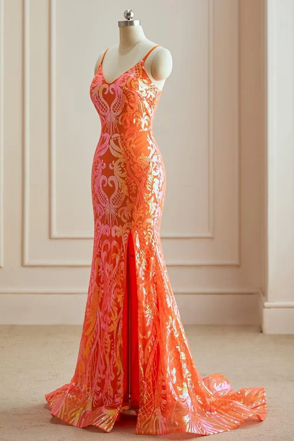 Mermaid Sequin Prom Dresses Long Sparkly Spaghetti Straps Formal Gowns with Slit V Neck Evening Dress for Women