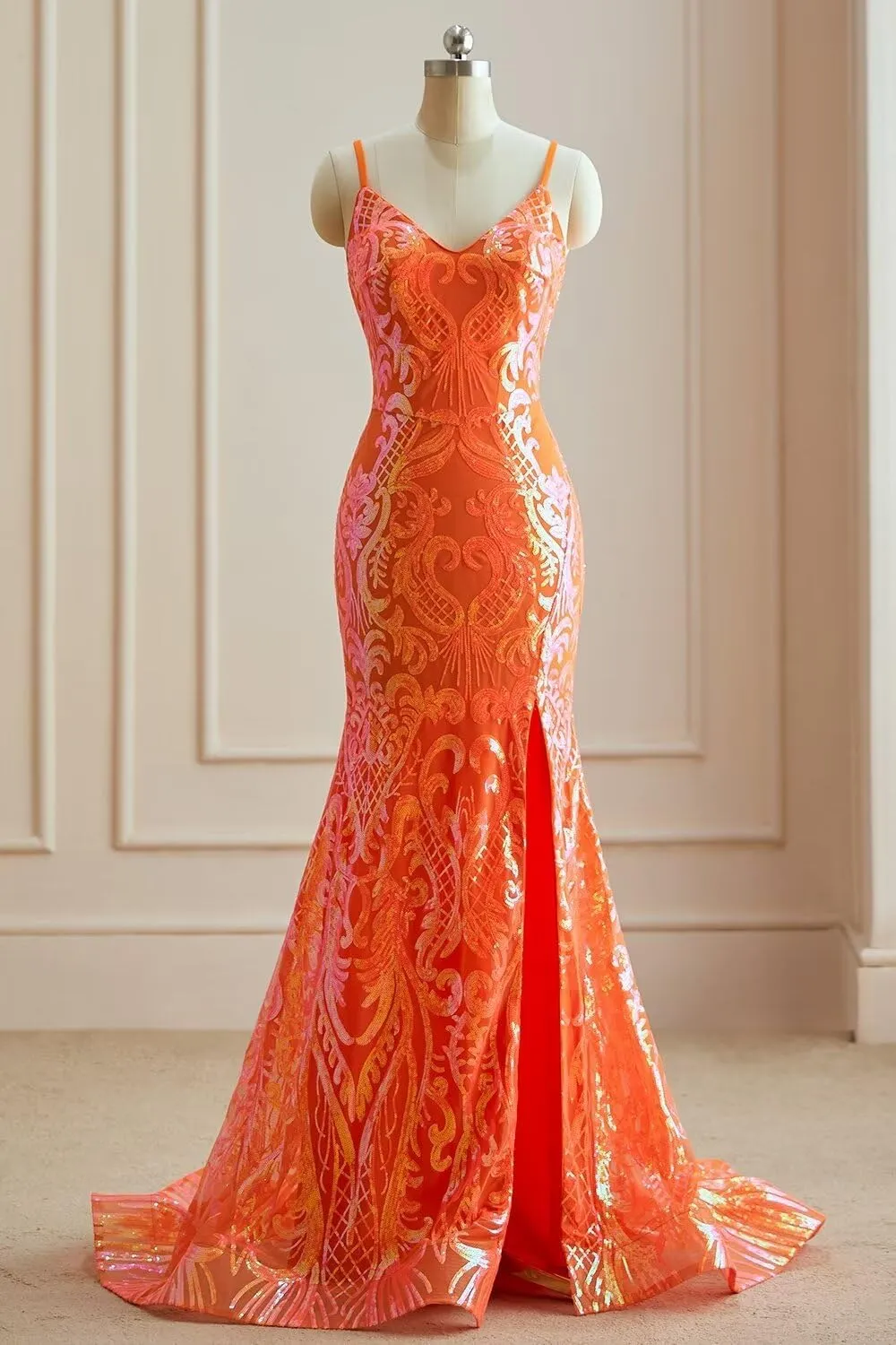 Mermaid Sequin Prom Dresses Long Sparkly Spaghetti Straps Formal Gowns with Slit V Neck Evening Dress for Women