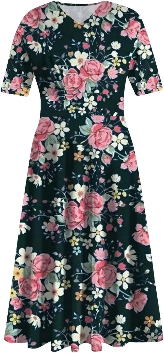 Midi Dresses for Women Printing Waist V Neck Beach Dress Short Sleeve Maxi Dresses A-Line Dressy Swing Dress