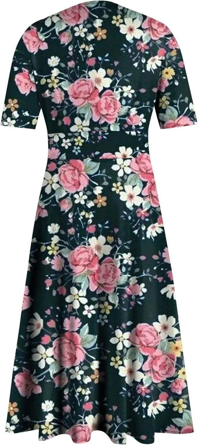 Midi Dresses for Women Printing Waist V Neck Beach Dress Short Sleeve Maxi Dresses A-Line Dressy Swing Dress