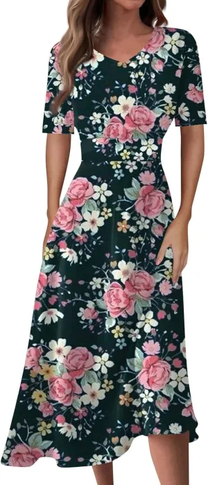 Midi Dresses for Women Printing Waist V Neck Beach Dress Short Sleeve Maxi Dresses A-Line Dressy Swing Dress
